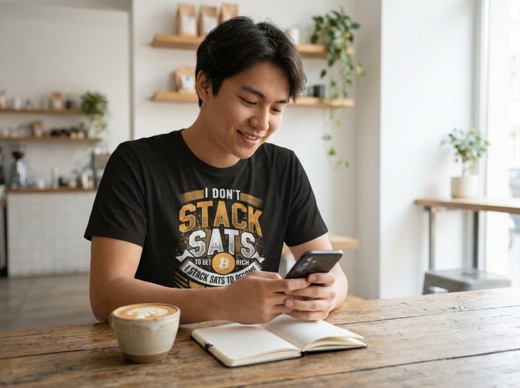 Guide to Bitcoin for Absolute Beginners - bitcoin-wear.com Person wearing the Start Your Adventure Bitcoin t-shirt from bitcoin-wear.com, reading about Bitcoin on a smartphone in a café