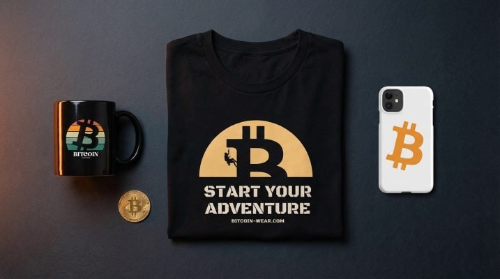 Bitcoin-Wear product flat-lay featuring the Start Your Adventure t-shirt, Bitcoin retro mug, Bitcoin phone case, and a physical Bitcoin coin on a dark surface