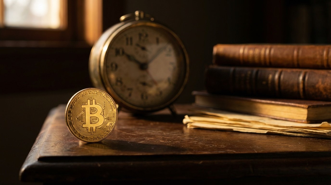 A physical Bitcoin coin on a weathered wooden desk beside an antique clock and old books — the history of Bitcoin from concept to global movement