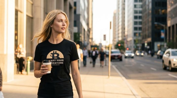 Woman wearing the Start Your Adventure Bitcoin t-shirt walking through the city at golden hour — bitcoin-wear.com