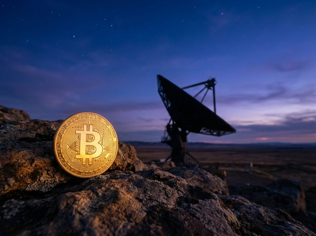 A Bitcoin coin on a rocky surface with a satellite dish under the night sky — Bitcoin works even without traditional internet infrastructure