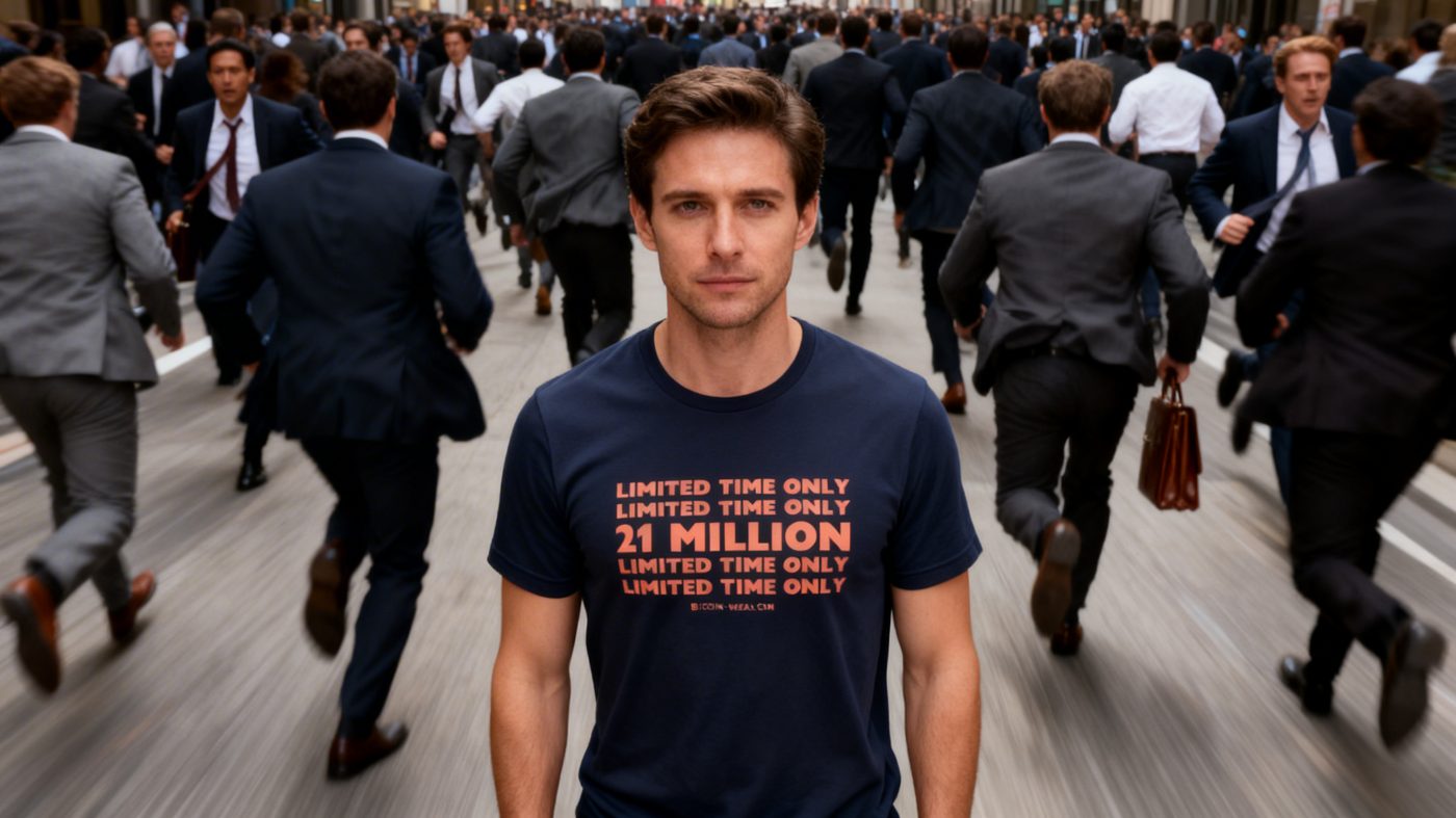 Man wearing a Bitcoin "21 Million – Limited Time Only" t-shirt standing calm and still while a crowd of businesspeople in suits rushes past him in panic – Will Bitcoin go to zero?