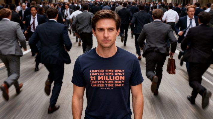 Man wearing a Bitcoin "21 Million – Limited Time Only" t-shirt standing calm and still while a crowd of businesspeople in suits rushes past him in panic – Will Bitcoin go to zero?